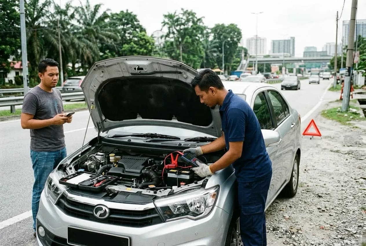 Mechanic testing a car battery under the open bonnet at the roadside while the owner waits