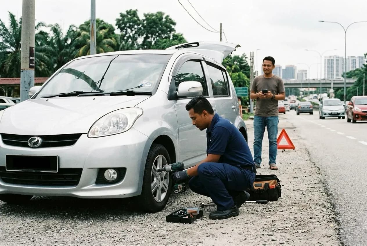 Mechanic changing a car tyre at the roadside with an impact wrench, warning triangle behind